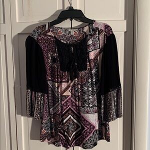 Cato Purple & Black 3/4 Sleeve Tie Front Boho Blouse EUC